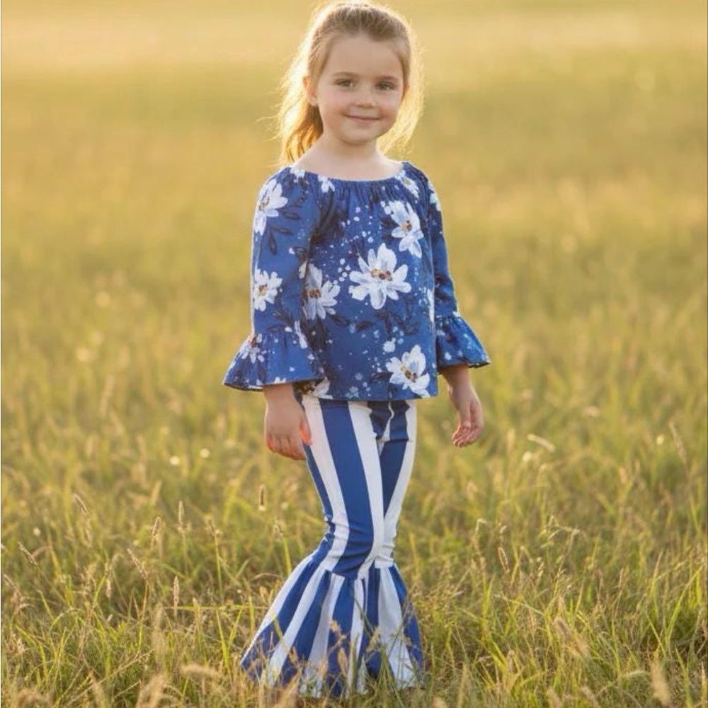 Daisy BELL Bottom Outfit, Watercolor Flowers Blouse, Striped Bell Bottoms